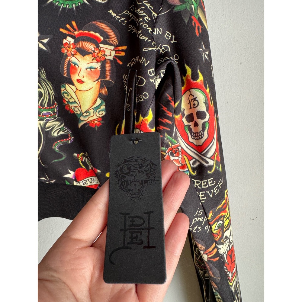 Ed Hardy Women Tattoo Print Cropped Track Jacket Black Small NWT - Picture 3 of 6